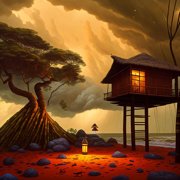 Stilted hut by large tree on rocky shore under orange sky