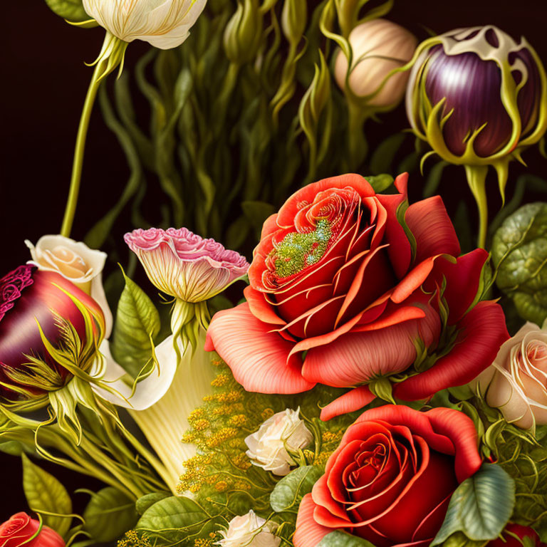 Realistic illustrated flowers: Vibrant red roses and buds on dark background