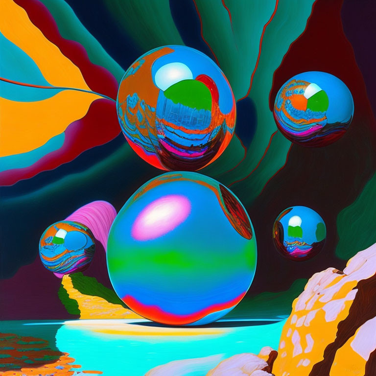 Colorful digital artwork: Glossy spheres above psychedelic landscape