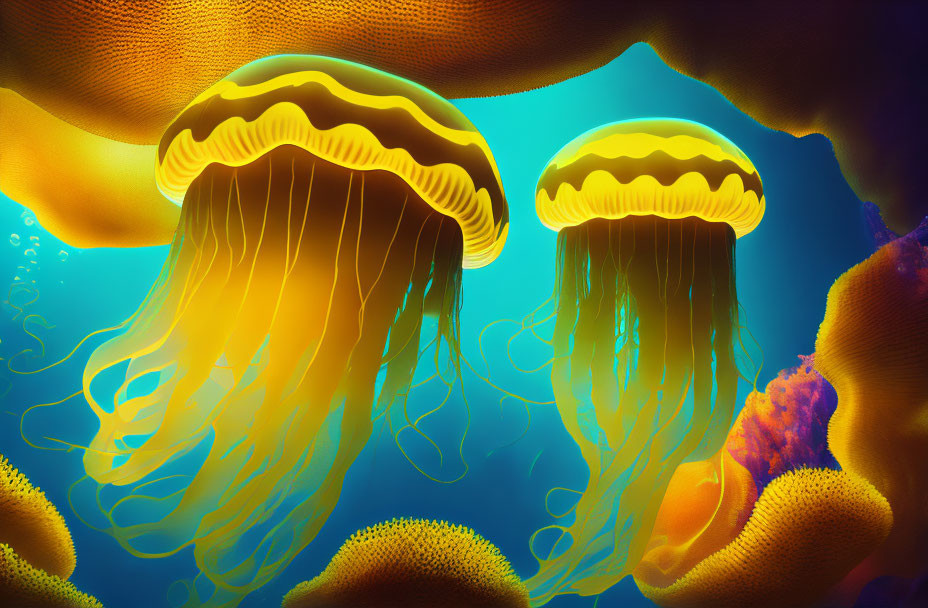 Vibrant yellow jellyfish swimming near coral in deep blue underwater scene