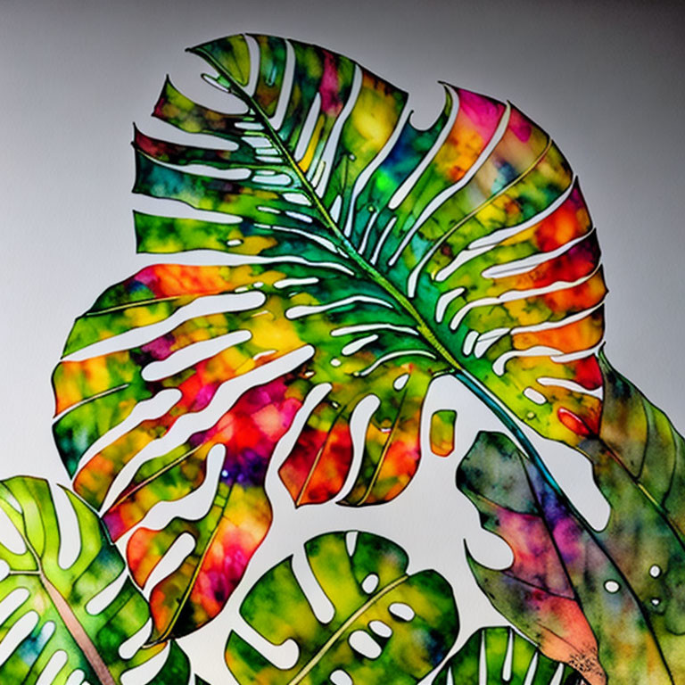 Colorful Monstera Leaf Art on Neutral Background