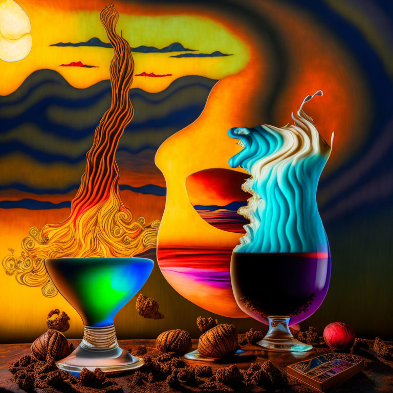 Colorful Surreal Artwork: Glasses with Fire and Water, Nuts, Chocolate, Whims