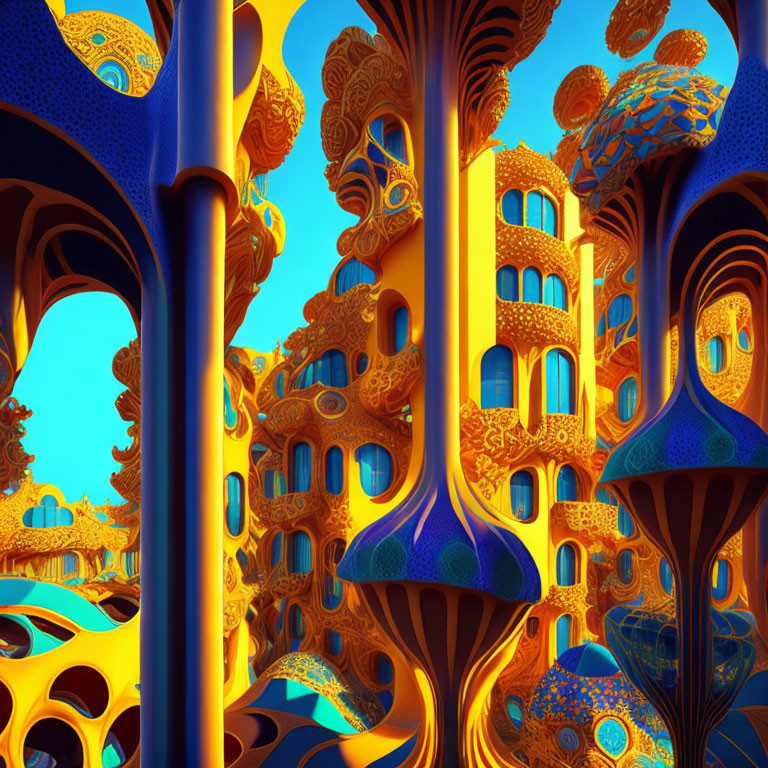 Surreal fractal architecture in golden and blue hues