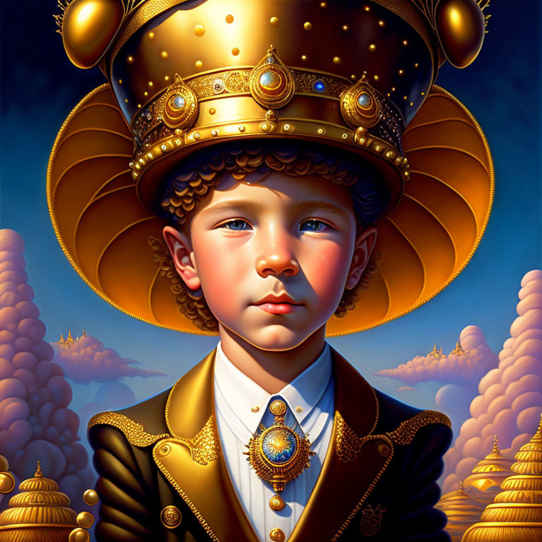 Stylized portrait of young boy in regal attire with celestial motifs