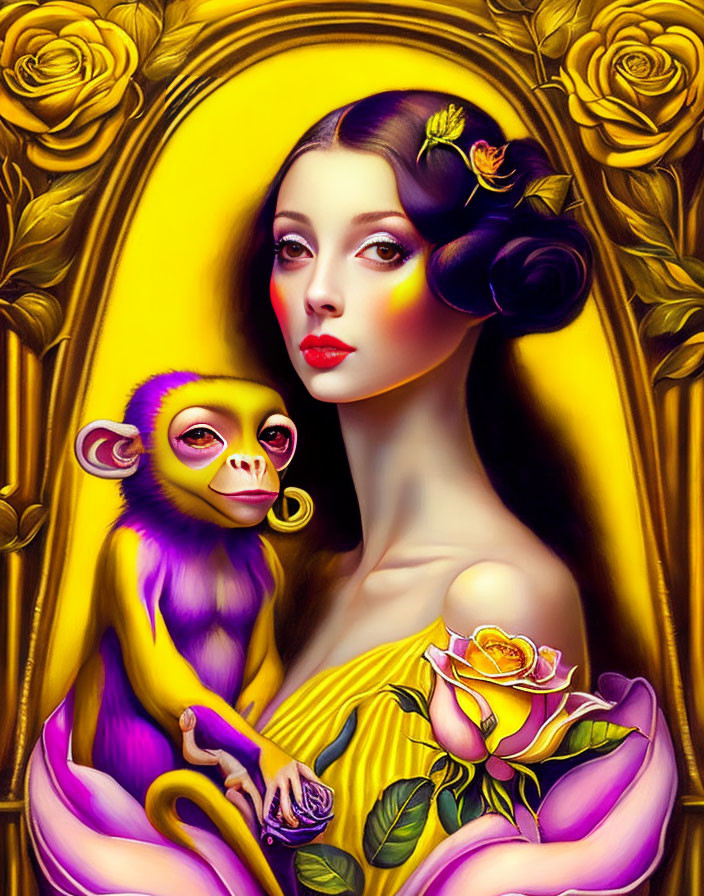 Stylized illustration of woman with monkey and floral elements on golden background