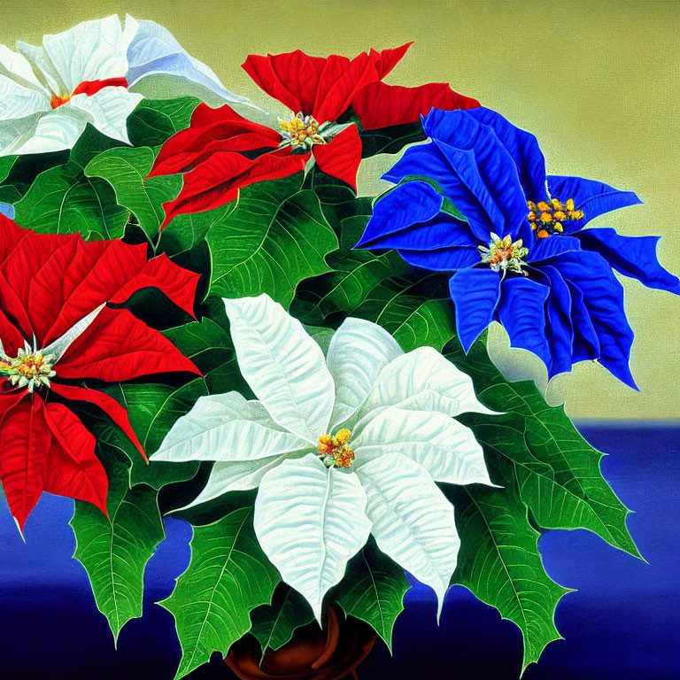 Colorful painting of red, white, and blue poinsettias in a brown pot on blue