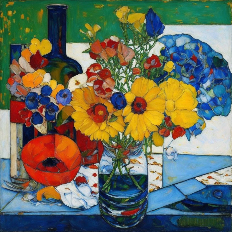 Vibrant still life painting with flowers, bottle, and fruit on a table