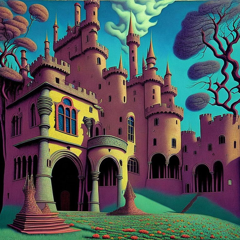 Vibrant Castle with Whimsical Towers in Surreal Landscape