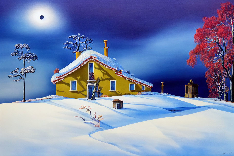 Yellow House with Snow-Covered Roof in Night Winter Scene