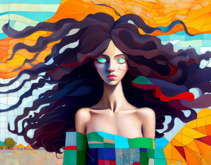 Vibrant artwork: stylized woman with flowing hair and striking eyes against abstract background