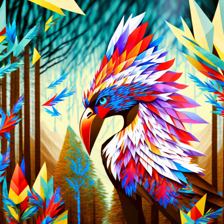 Colorful stylized eagle with geometric feathers on abstract forest background