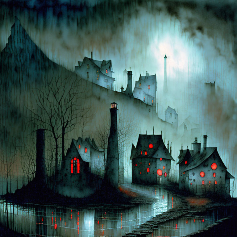 Misty village at night with glowing red windows