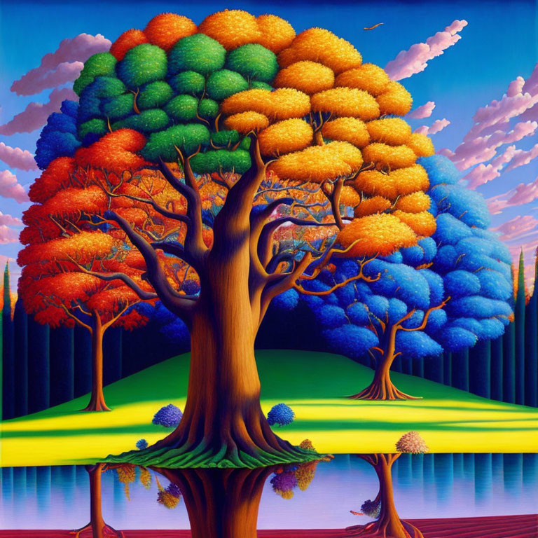 Colorful painting of surreal landscape with large tree and gradient leaves reflected in water.