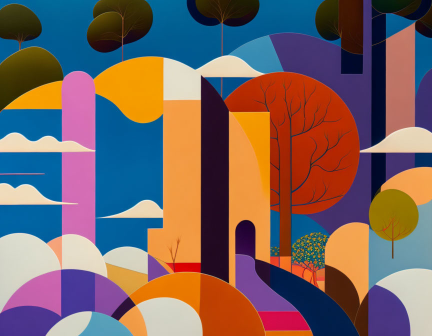 Colorful Geometric Landscape Painting with Trees and Hills