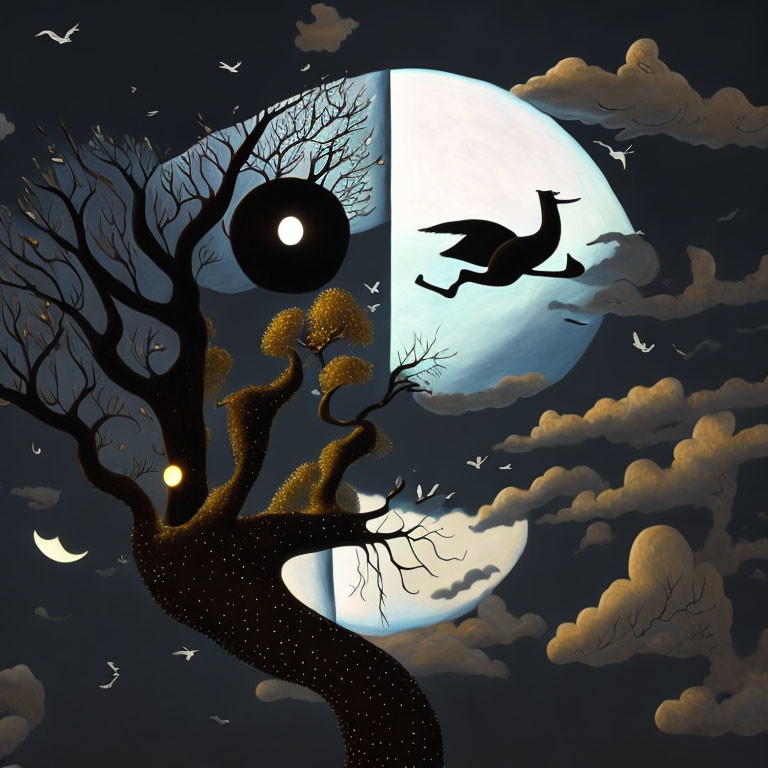 Illustration of tree with eye under moonlit sky and birds, clouds, smaller moons.