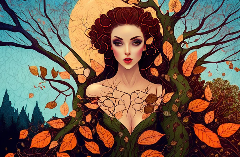 Red-haired woman with green eyes in tree with orange leaves - nature spirit illustration