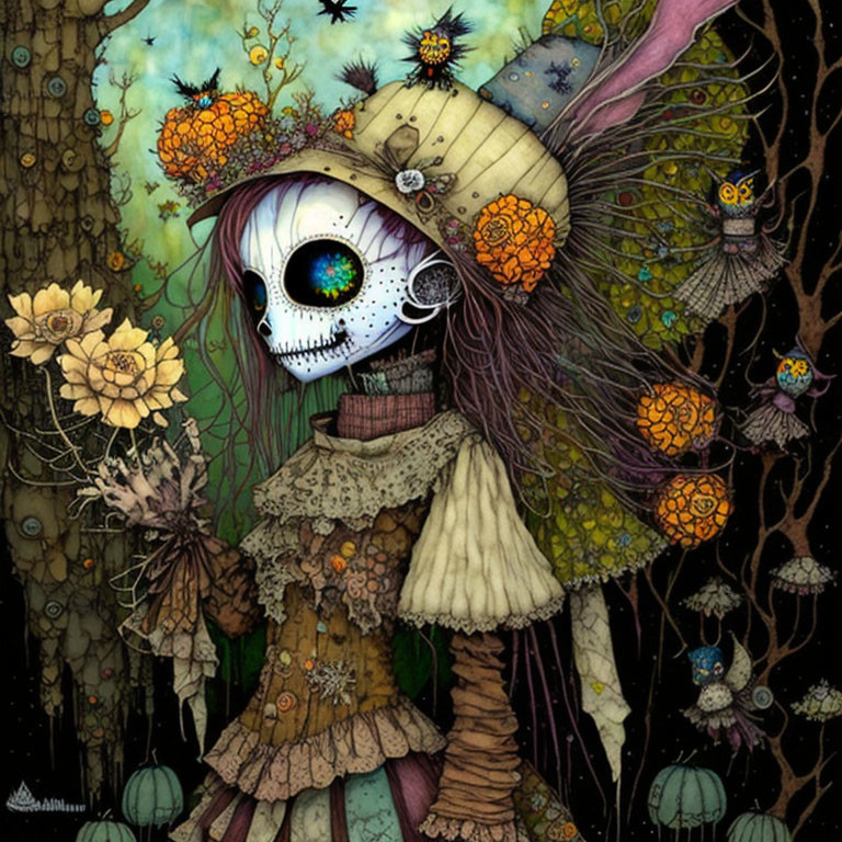 Illustration of girl with skull face in forest with flowers & butterflies