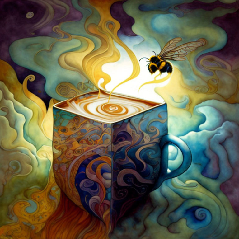 Colorful Bumblebee Artwork with Coffee Cup and Swirling Background