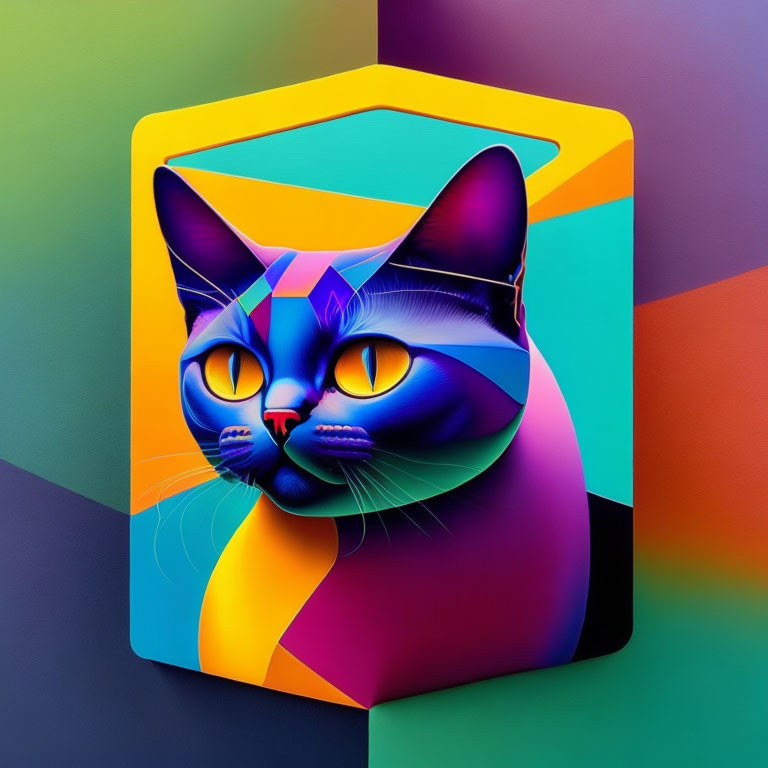 Colorful Stylized Cat Art with Geometric Shapes and Vibrant Hues