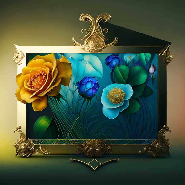 Ornate painting of vibrant blue and yellow flowers in intricate golden frame