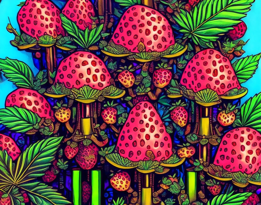 Colorful whimsical forest with oversized strawberry-shaped mushrooms among lush green foliage