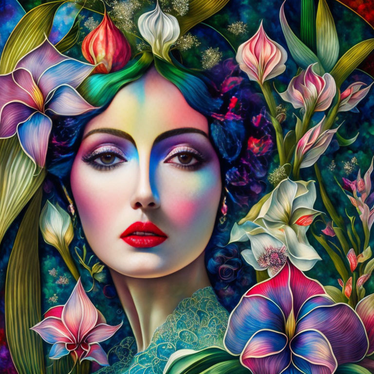 Colorful Makeup Woman Surrounded by Stylized Flowers in Digital Art