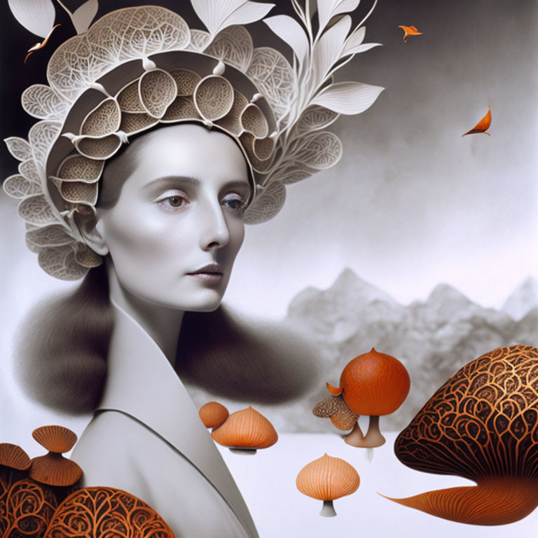 Surreal portrait of woman with flora and fauna elements and mushrooms in monochromatic setting