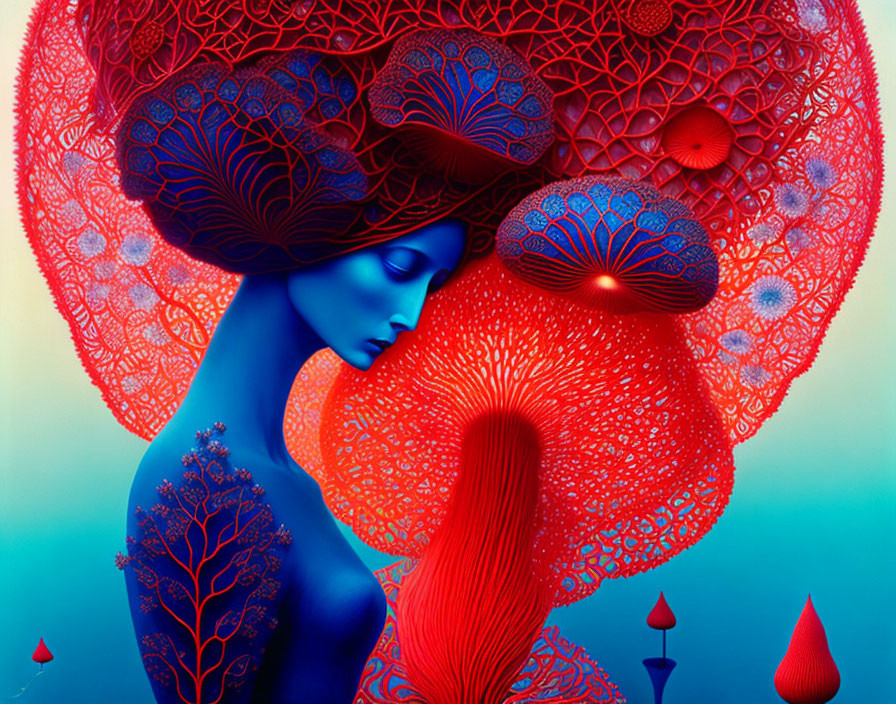 Vibrant digital art: Blue figure with red coral-like patterns symbolizing imagination.