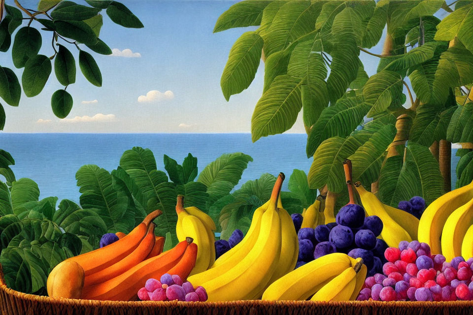 Colorful Still Life Painting of Fruits in Basket on Tropical Seascape