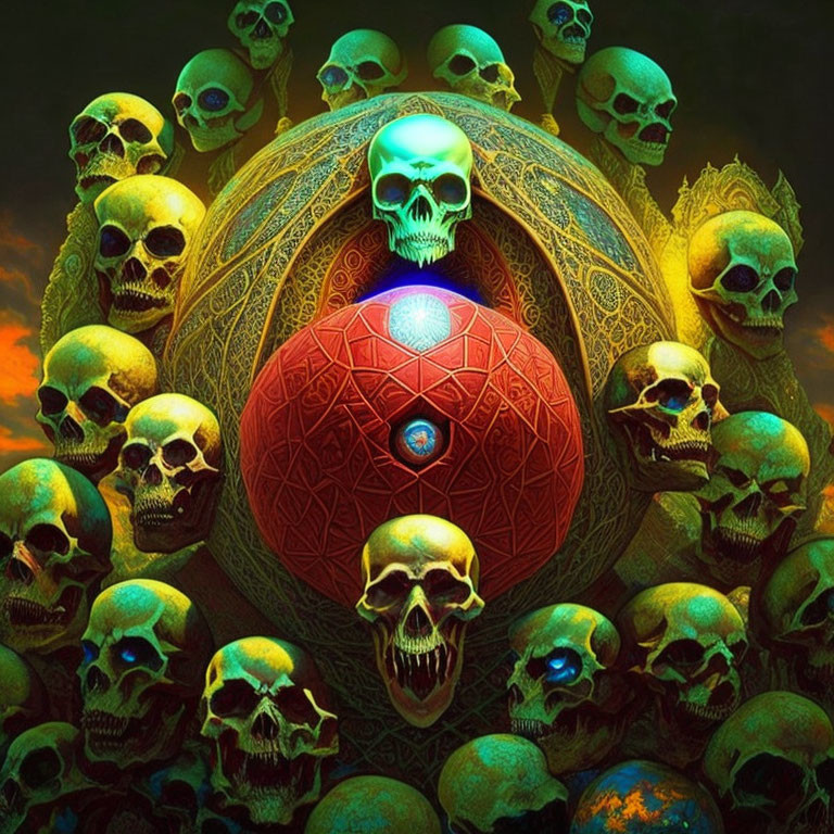 Mystical glowing orb with skulls on dark background