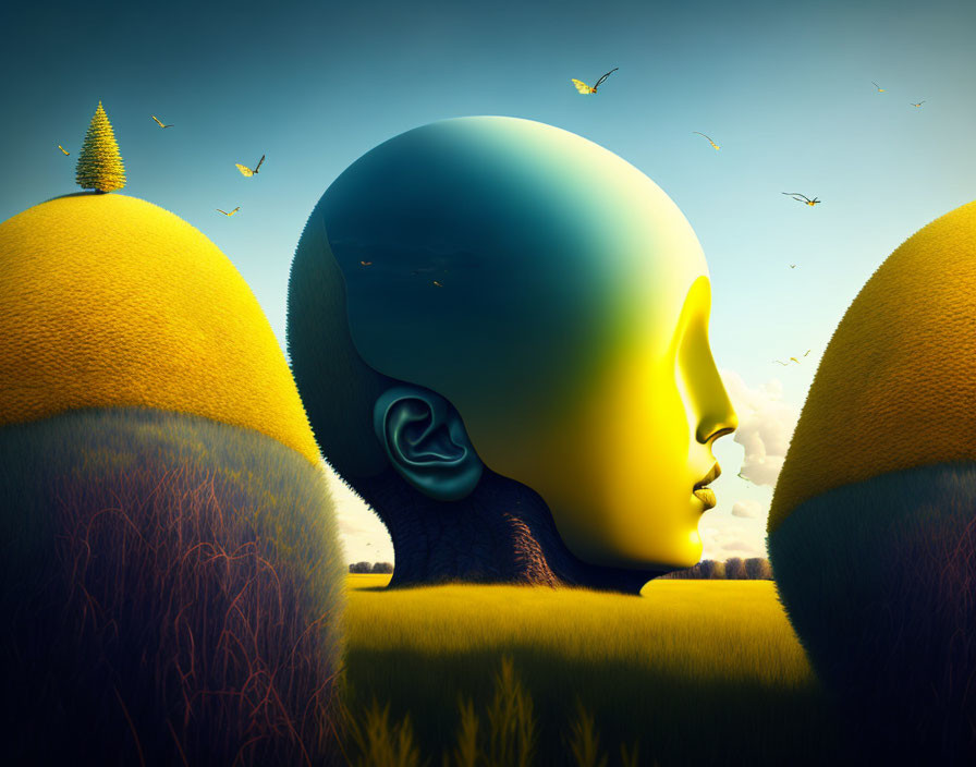Surreal landscape featuring giant human head profile in golden fields with flying birds