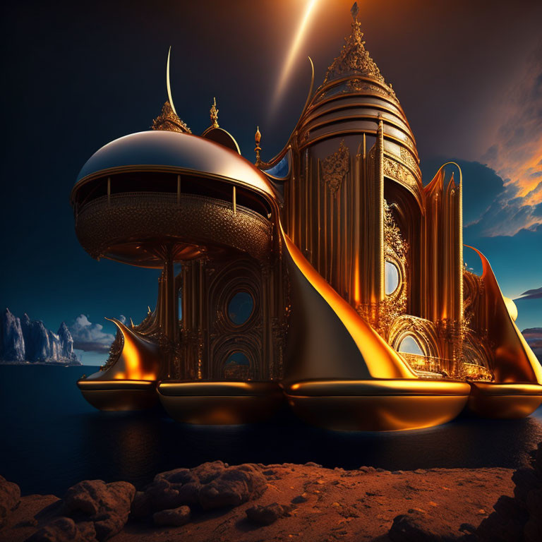 Futuristic golden palace on rocky coast at twilight