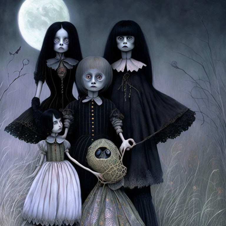 Four doll-like figures under full moon with owl lantern