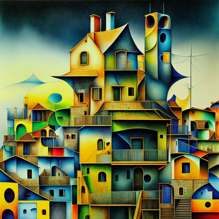 Vibrant surreal illustration of whimsical houses in a colorful palette