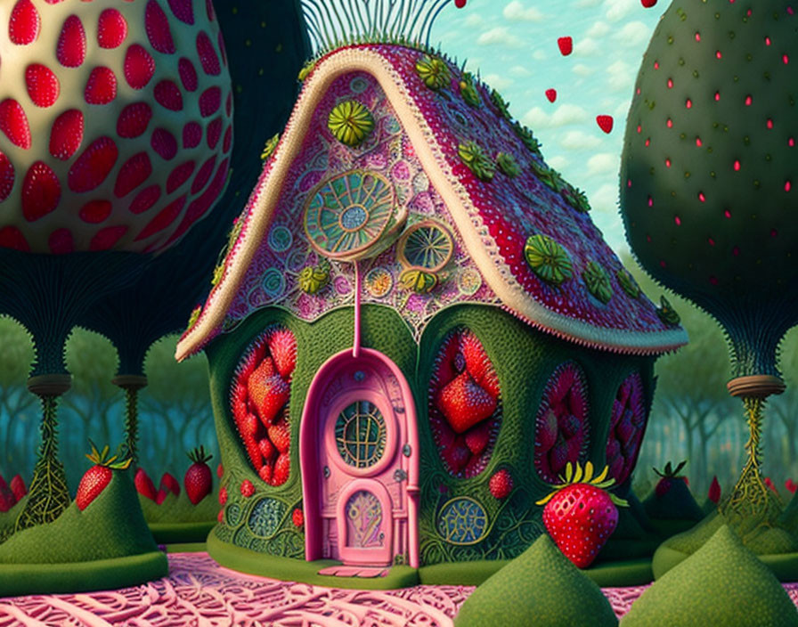 Colorful Strawberry House Surrounded by Plants in Fantasy Landscape