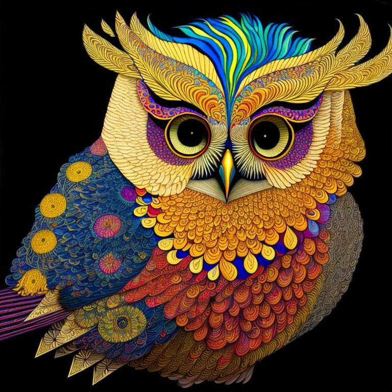 Vibrant mosaic-style owl artwork with intricate feather patterns