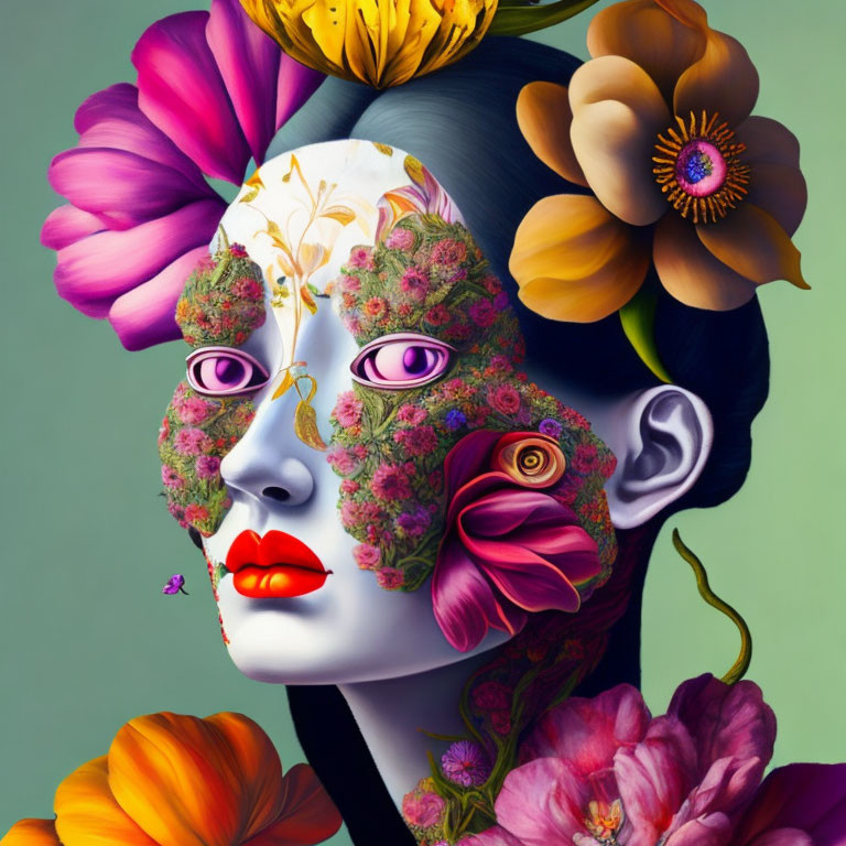 Surreal portrait of woman with floral and bee elements on green background