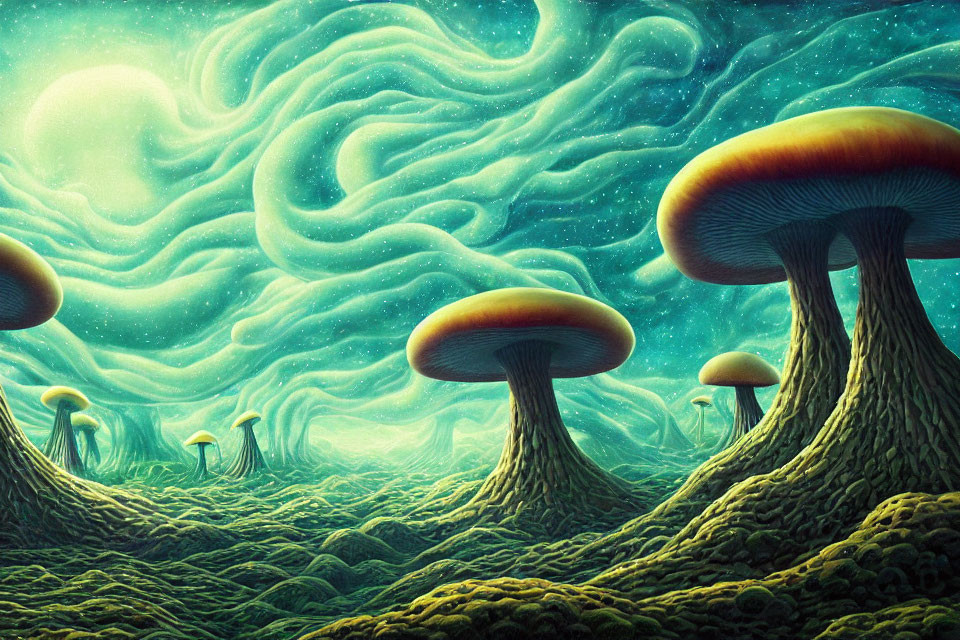 Surreal landscape with towering mushroom-like structures under green sky