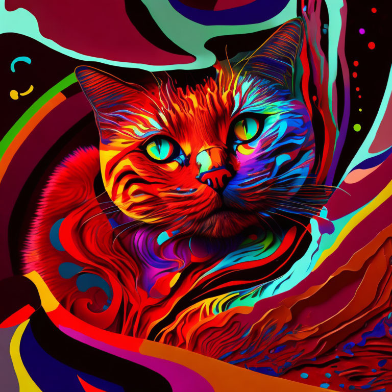 Colorful Psychedelic Cat Artwork with Swirling Patterns