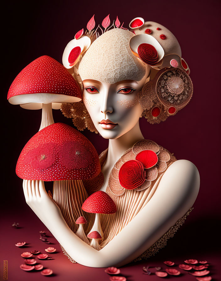 Surreal portrait featuring stylized figure with mushroom and floral motifs on red background