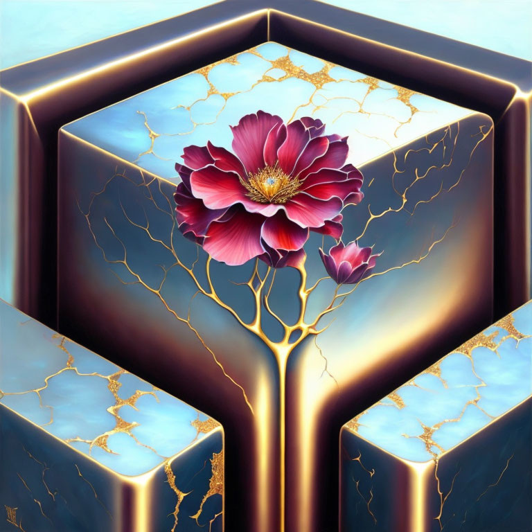 Red Flower Blooming in Gold Veined Fractal Cube