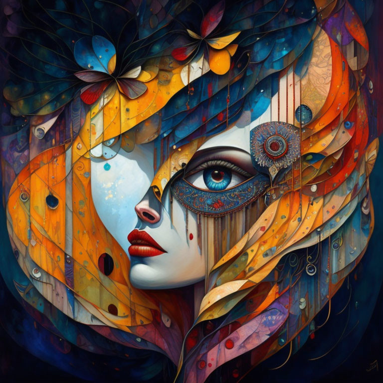 Colorful surreal portrait: woman with ornate eye mask, feathers, leaves, butterfly