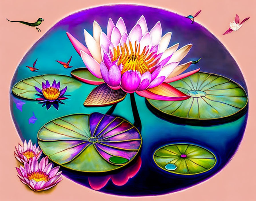 Colorful Lotus Flower Illustration with Lily Pads and Wildlife