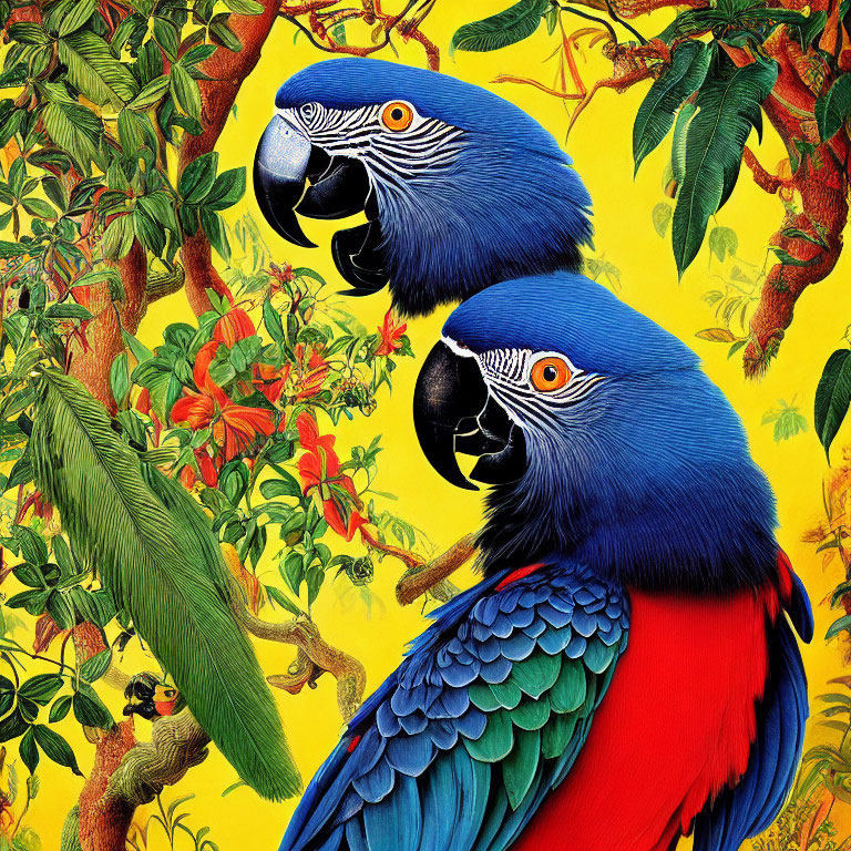 Vibrant blue macaws with yellow and red plumage in green foliage and red flowers on yellow