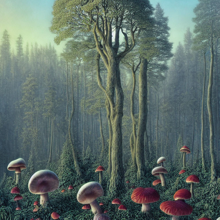 Ethereal forest scene with dominant tree, vibrant red mushrooms