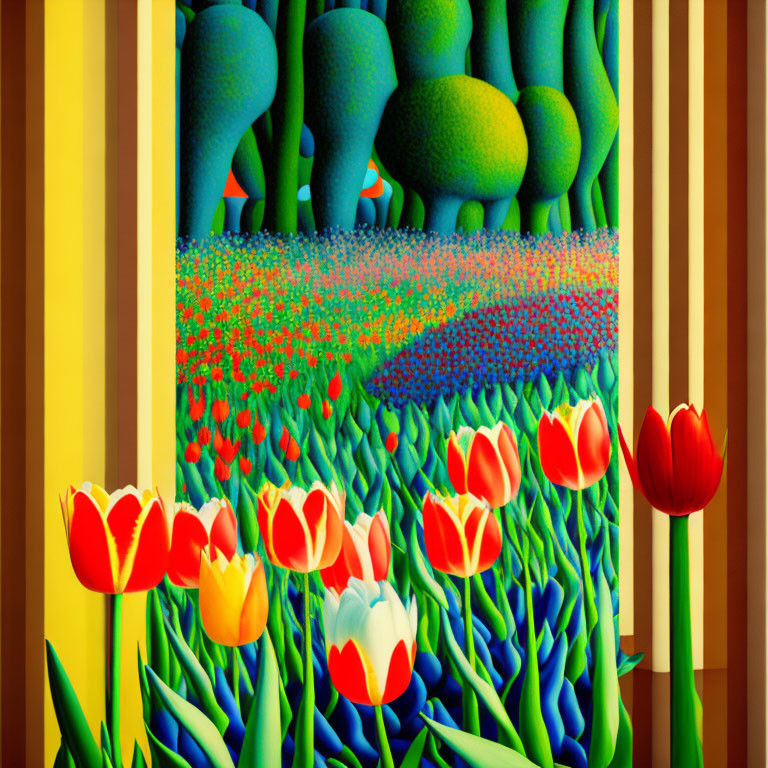 Colorful landscape with tulips and whimsical trees