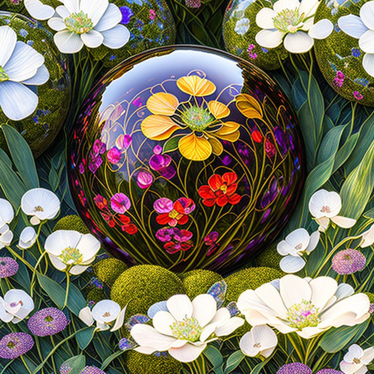 Colorful digital artwork: Glossy sphere reflecting flowers in white blossom setting