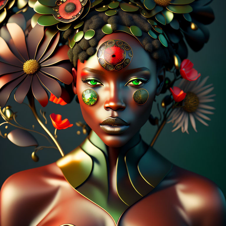 Detailed 3D illustration of woman with green eyes and unique accessories