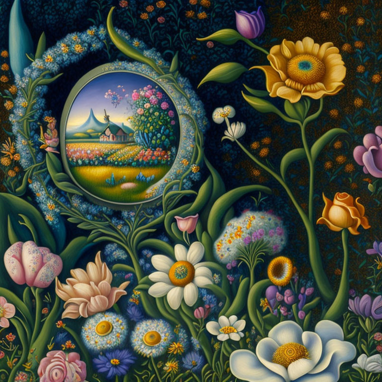 Colorful Surrealist Garden Painting with Oval Landscape and Detailed Flowers