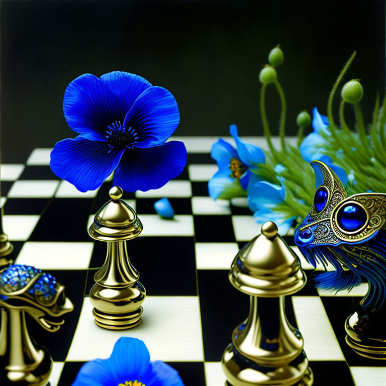 Blue Flower and Ornate Chess Pieces on Checkered Board - Art Print